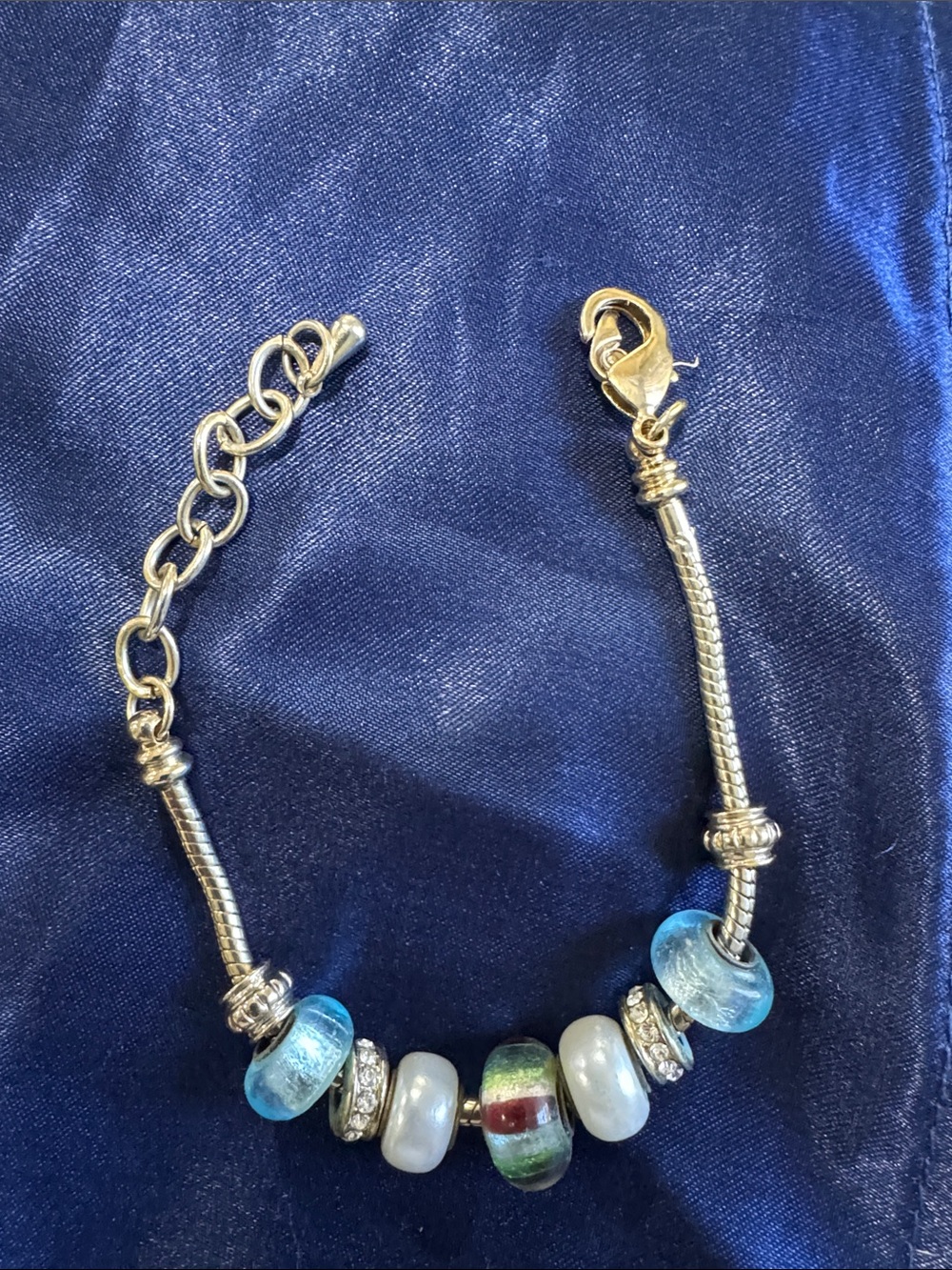 Silver-Tone Women’s Beaded Charm Bracelet with Blue & Green Glass Beads